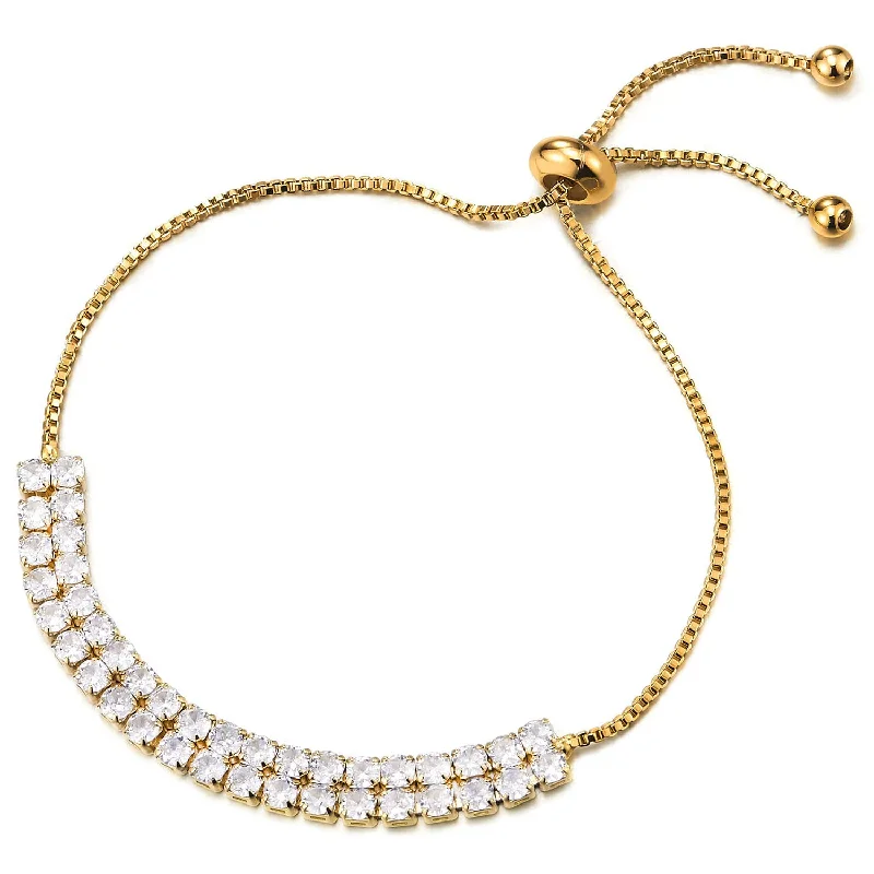 Womens Cubic Zirconia Pave Gold Color Link Chain Bracelet, Adjustable, Sparkling