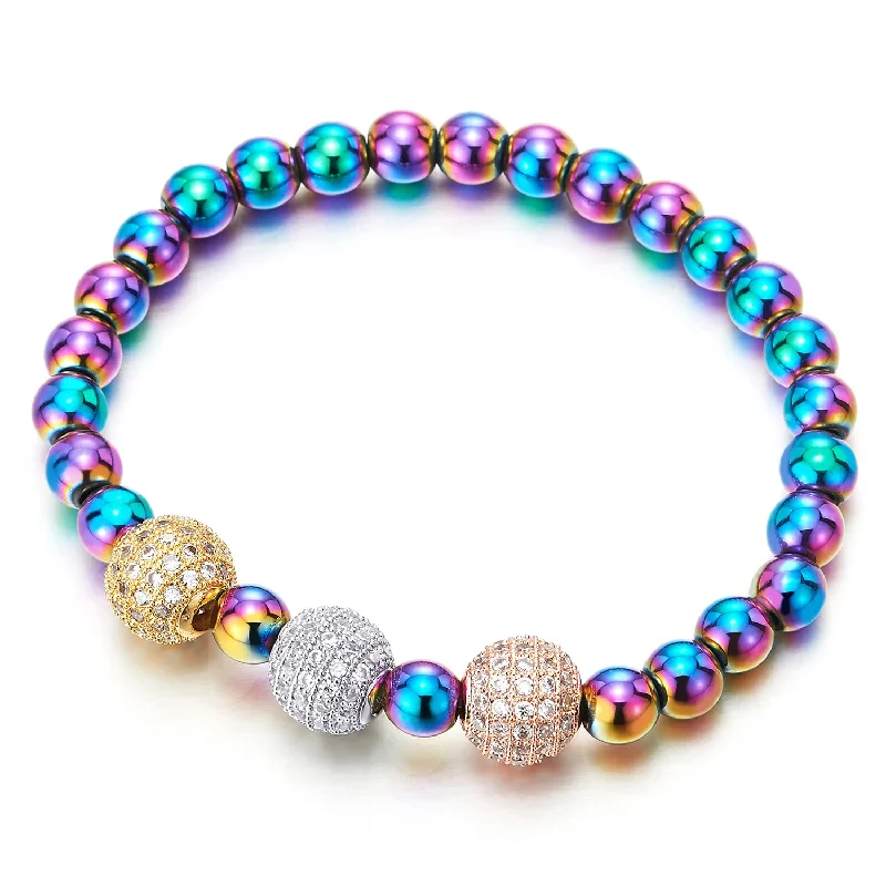 Oxidized Rainbow Beads Chain Bracelet Cubic Zirconia Silver Gold Rose Gold Ball Charms, Stretchable