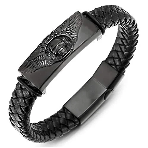 Gothic Punk Rock Mens Black Braided Leather Bracelet with Steel Angel Wing Skull ID Identification