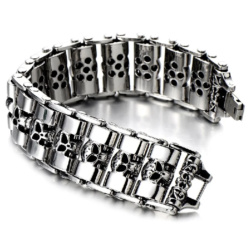 Heavy and Study Mens Steel Large Link Chain Motorcycle Bike Chain Bracelet with Skulls Polished