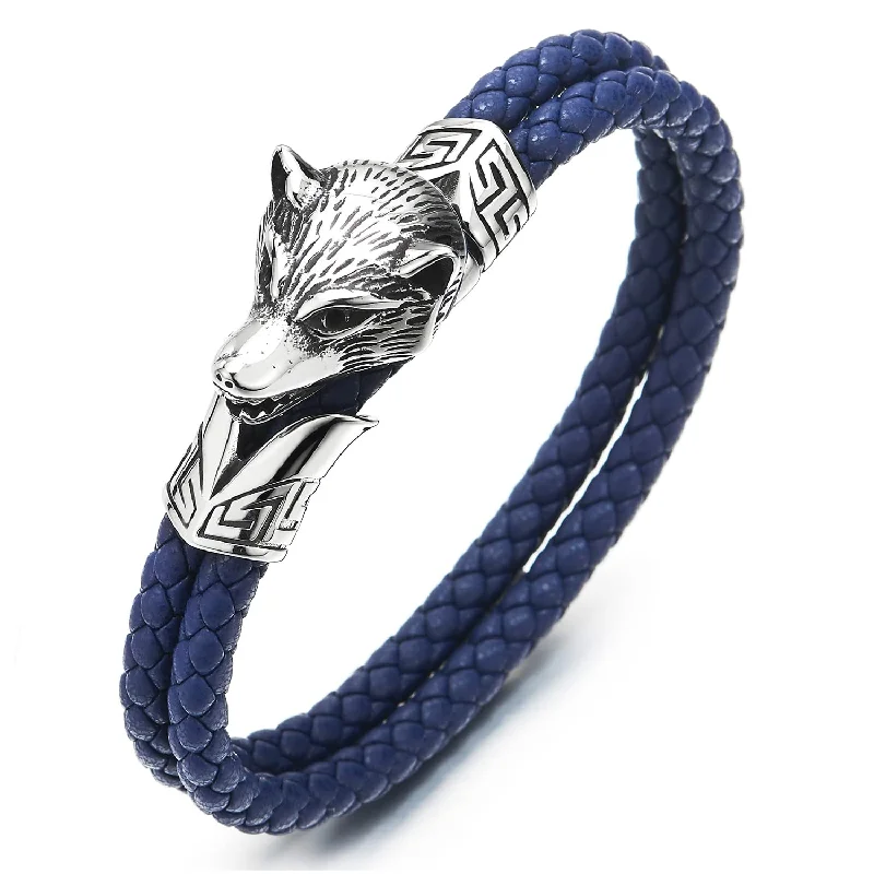 Stainless Steel Mens Wolf Head Bracelet with Dark Blue Genuine Braided Leather