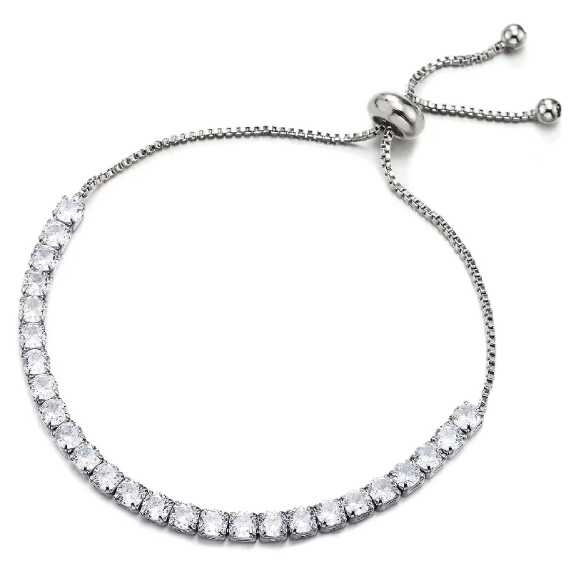 Womens Cubic Zirconia Pave Link Chain Bracelet, Adjustable, Shinny