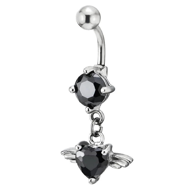 Steel Belly Chain Button Ring Body Jewelry Piercing Navel Ring with Black Heart Cubic Zirconia