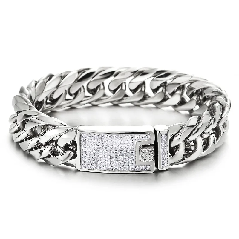 Mens Steel Curb Chain Bracelet with Cubic Zirconia Pave Spring Box Clasp, High Polished, Masculine