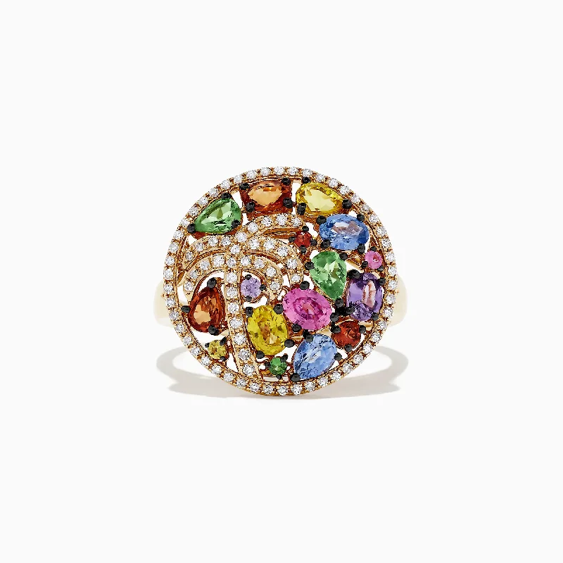 14K Yellow Gold Multi Sapphire and Diamond Palm Tree Ring, 2.42 TCW