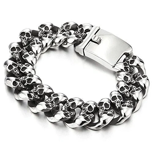 Biker Gothic Skull Link Stainless Steel Bracelet for Men, 8.5 Inches, Vintage Old Metal Finishing, Perfect for Casual Wear or Biker-Themed Events