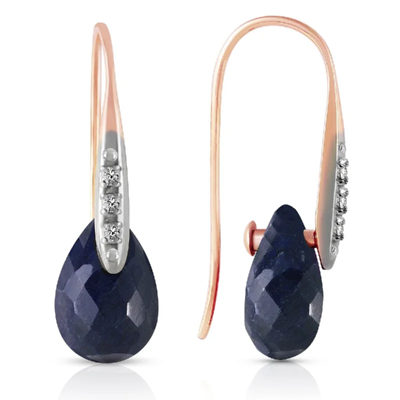 14K Solid Gold Hook Earrings w/ Diamonds & Dangling Dyed Sapphires