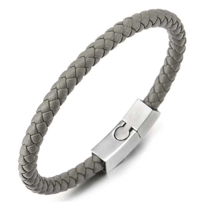 Unisex Mens Women Thin Gray Braided Leather Bracelet Leather Bangle Wristband, Steel Magnetic Clasp