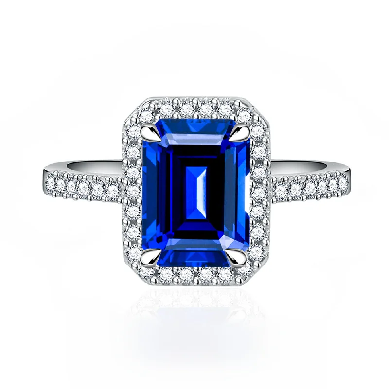 Multi-Color Halo Emerald Cut Engagement Ring In Sterling Silver