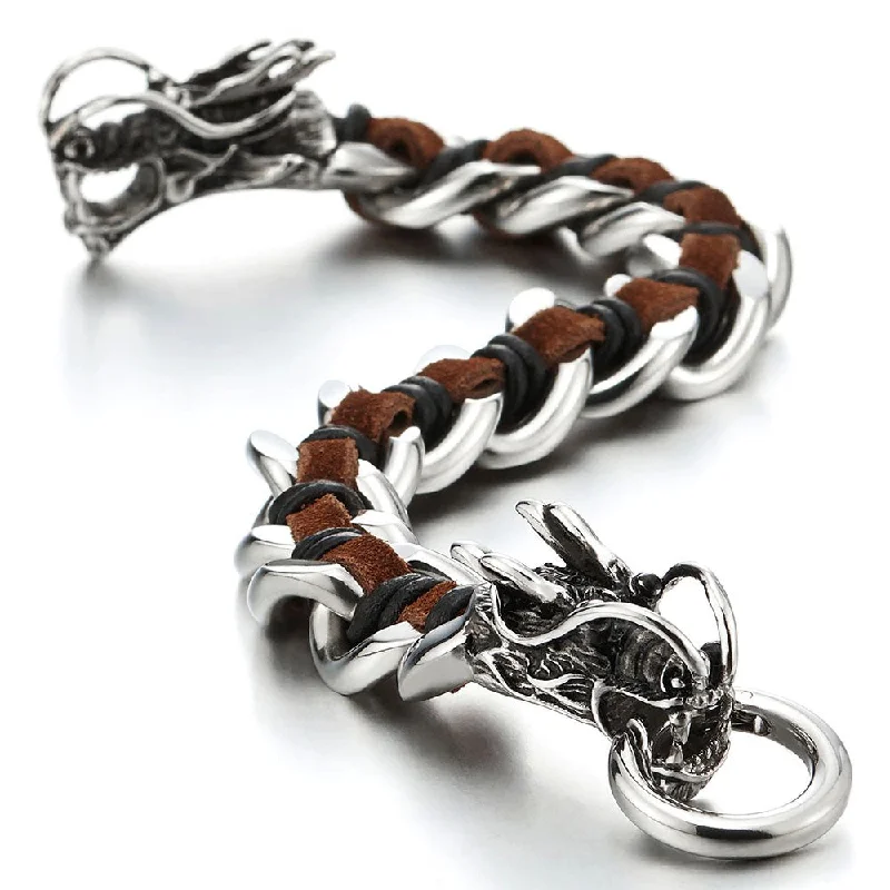 Stainless Steel Mens Dragon Curb Chain Bracelet Interwoven with Brown Genuine Leather Strap