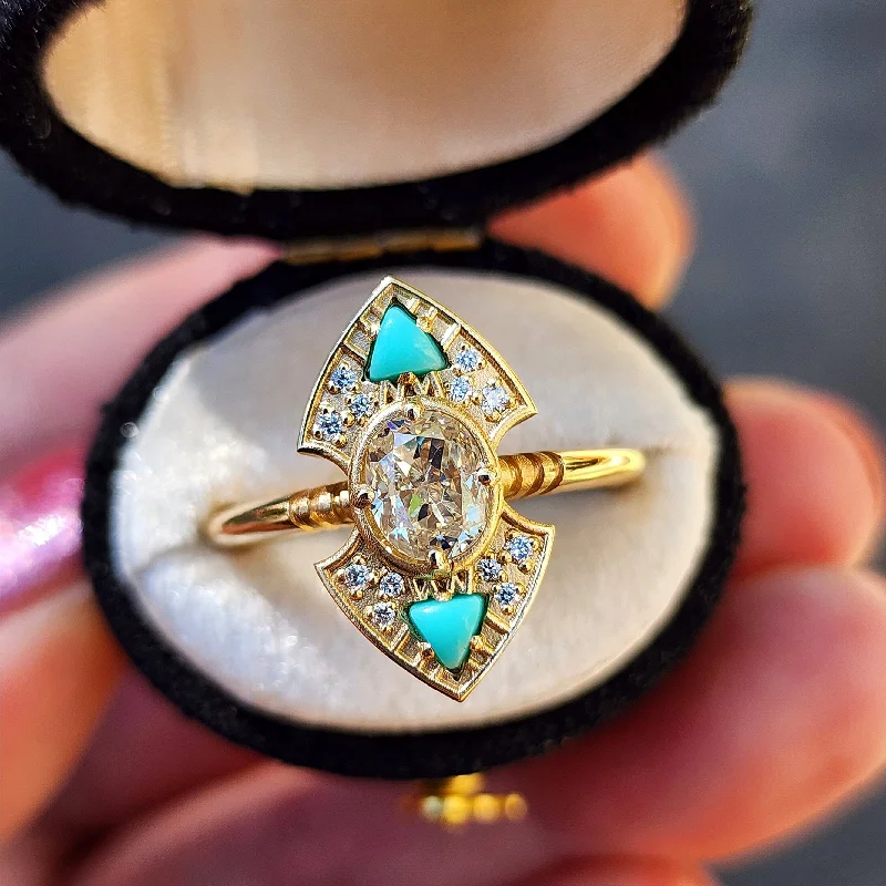 Ready to Ship Size 6 - 8 Art Deco Natural Oval Light Yellow Diamond Engagement Ring with Arizona Turquoise Trillions - 14k Yellow Gold