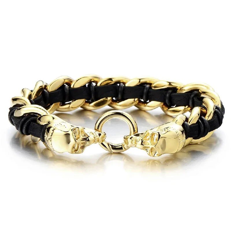 COOLSTEELANDBEYOND Stainless Steel Mens Gold Skull Curb Chain Bracelet Interwoven with Black Genuine Braided Leather