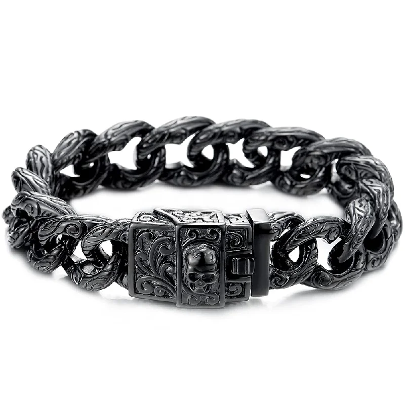 Gothic Retro Style Mens Large Steel Tribal Swirl Patterns Curb Chain Bracelet with Skull Box Clasp