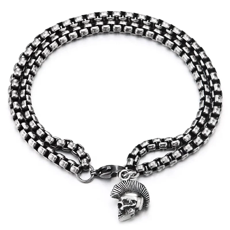 Men Women Steel Two-row Wheat Chain Link Bracelet Dangling Punk Hair Rock Skull, Old Metal Finishing