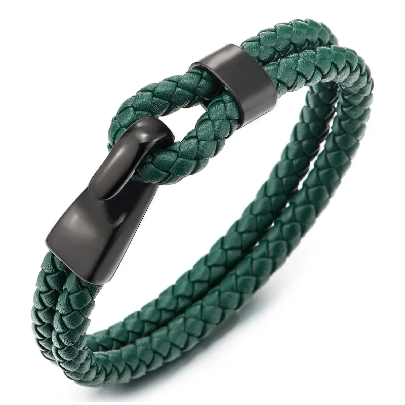 Mens Womens Two-Row Green Braided Leather Bangle Bracelet Wristband with Black Steel Hook Clasp