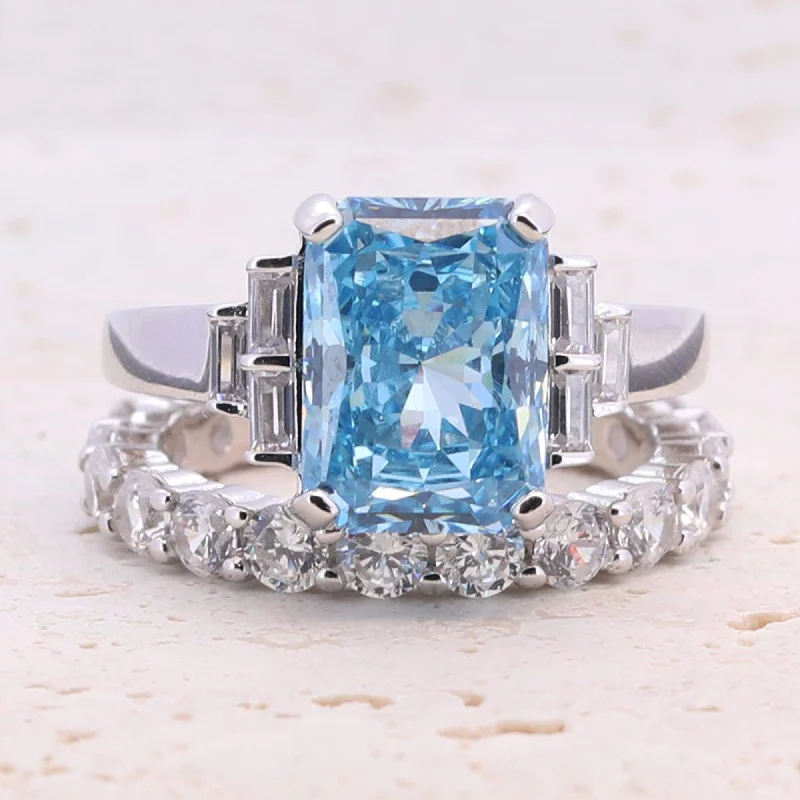 4.0CT. Radiant Cut Blue Gemstone Engagement Ring Set