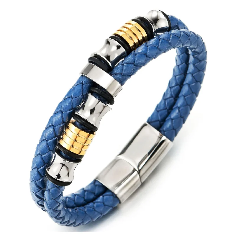 Mens Blue Braided Leather Bracelet Double-Row Bangle Wristband, Silver Gold Color Steel Ornaments