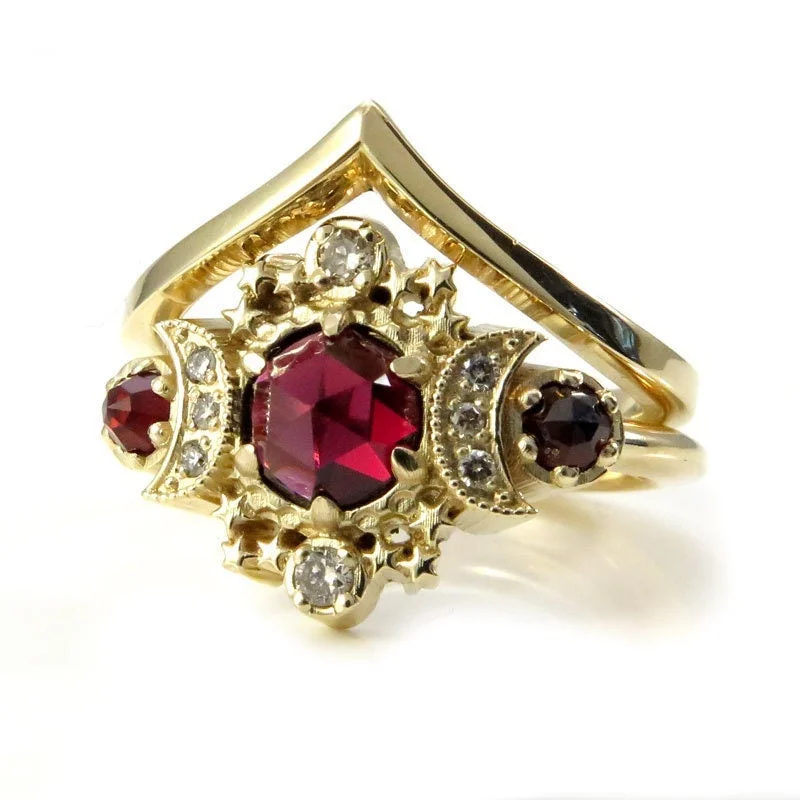 Ready to Ship Size 6 - 8 Rose Cut Red Garnet Cosmos Engagement Ring Set with Honey Champagne Diamonds - 14k Yellow Gold