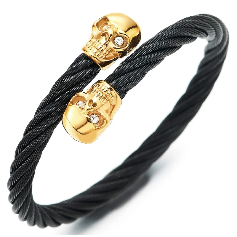 Elastic Mens Women CZ Eyes Skull Bangle Bracelet Steel Cuff Bracelet, Gold Black