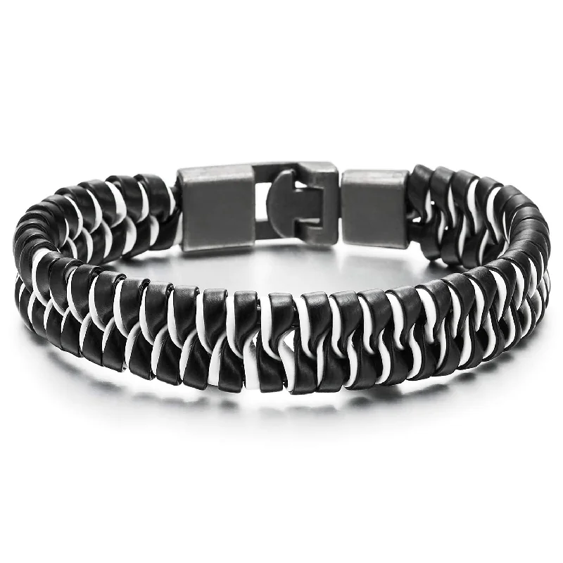 Mens Womens Black White Braided Leather Bracelet Bangle Wrap Wristband, Hook Clasp