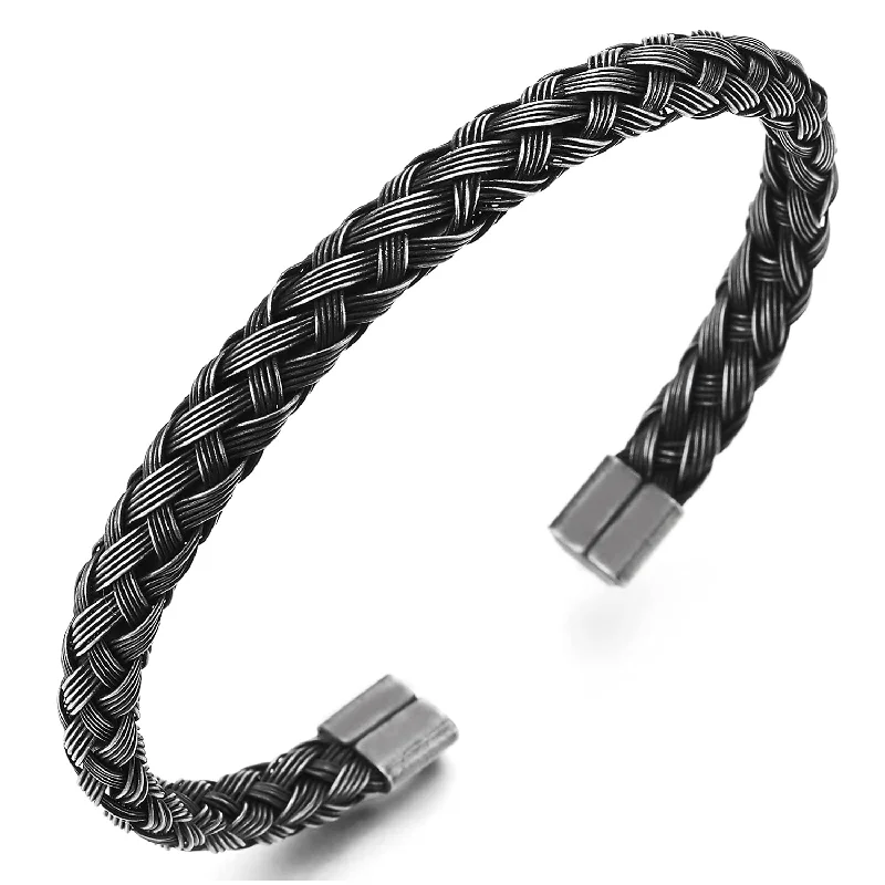 Elastic Adjustable Steel Old Metal Treatment Braided Interwoven Cable Bangle Bracelet for Men Women