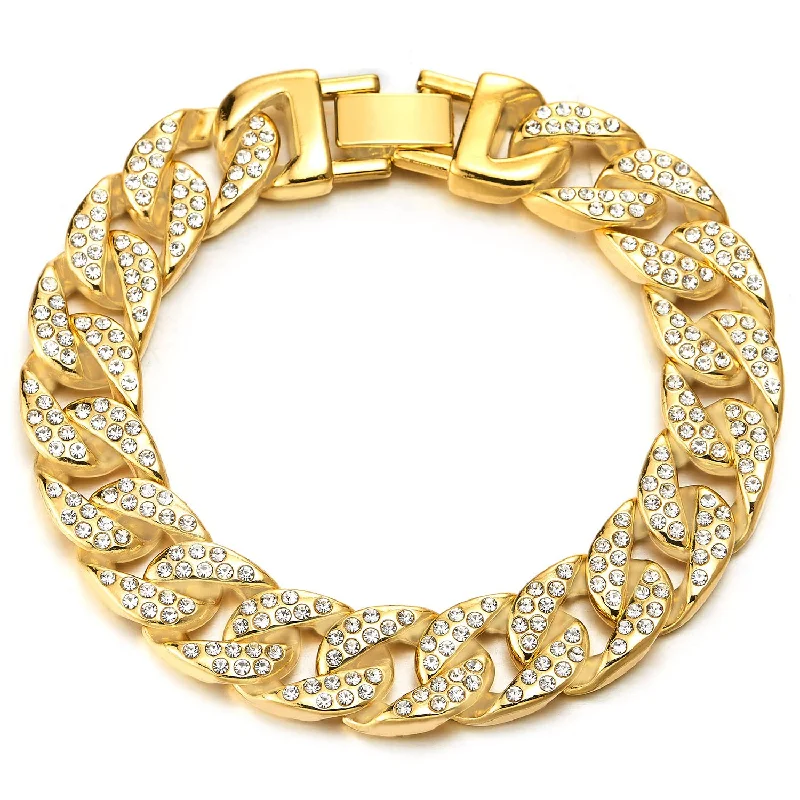 Stylish, Mens Womens, Curb Chain Bracelet, Gold Color, with Cubic Zirconia