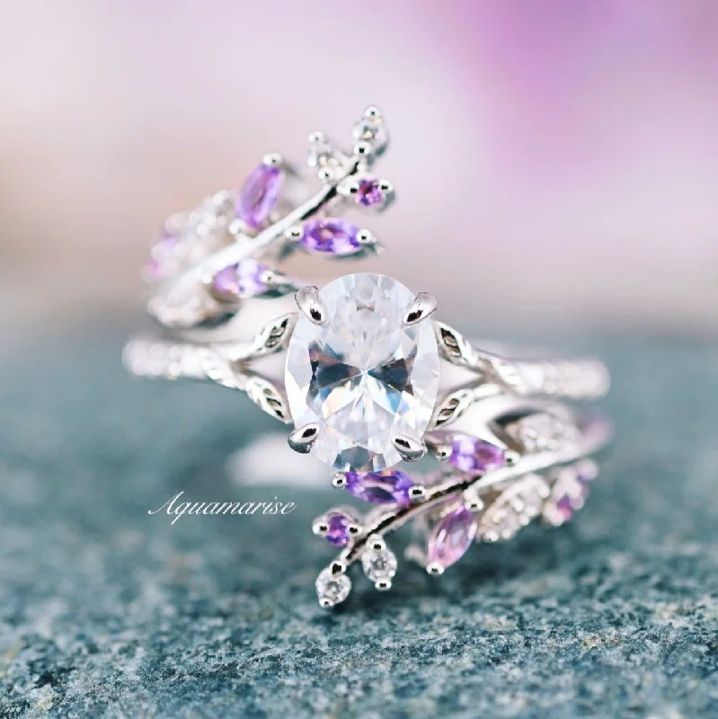 Fairy Amethyst & Moissanite/Diamond Leaf Engagement Ring Set- 14K White Gold