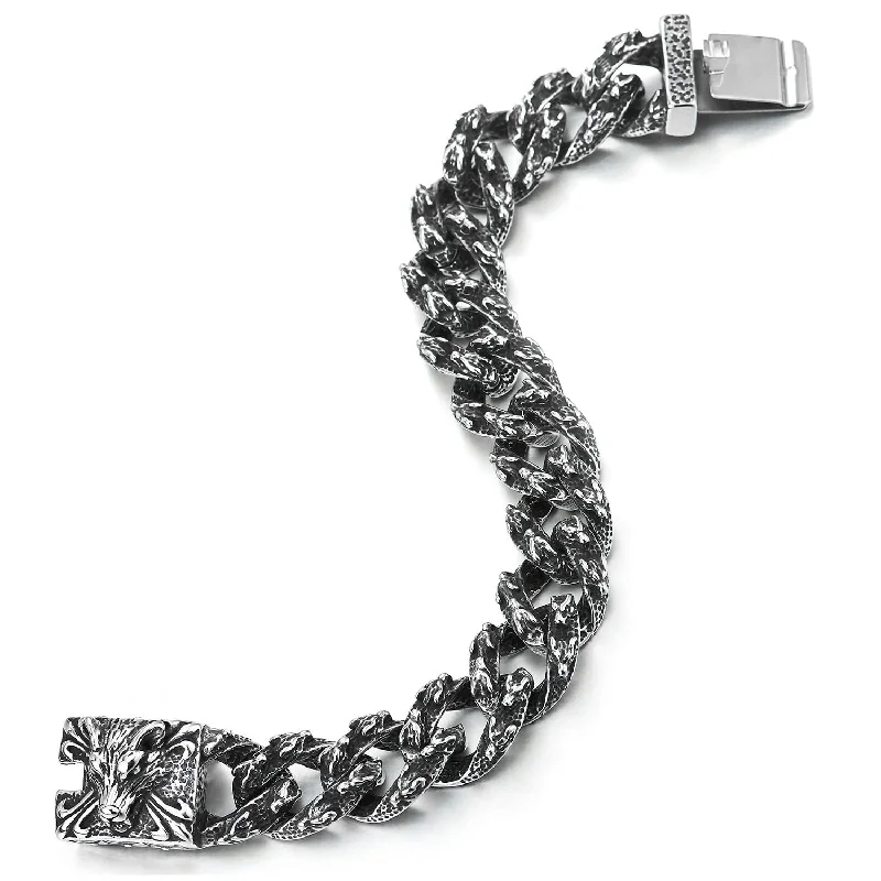 Mens Large Stainless Steel Curb Chain Bracelet with Wolf, Biker Masculine, Blacken