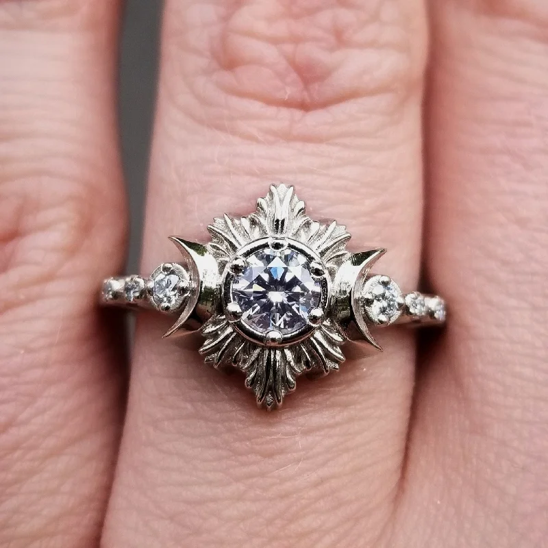 Burning Star and Crescent Moon Engagement Ring - Forever One Moissanite and Diamond Pyre Moon Ring - 14k White, Yellow or Rose Gold