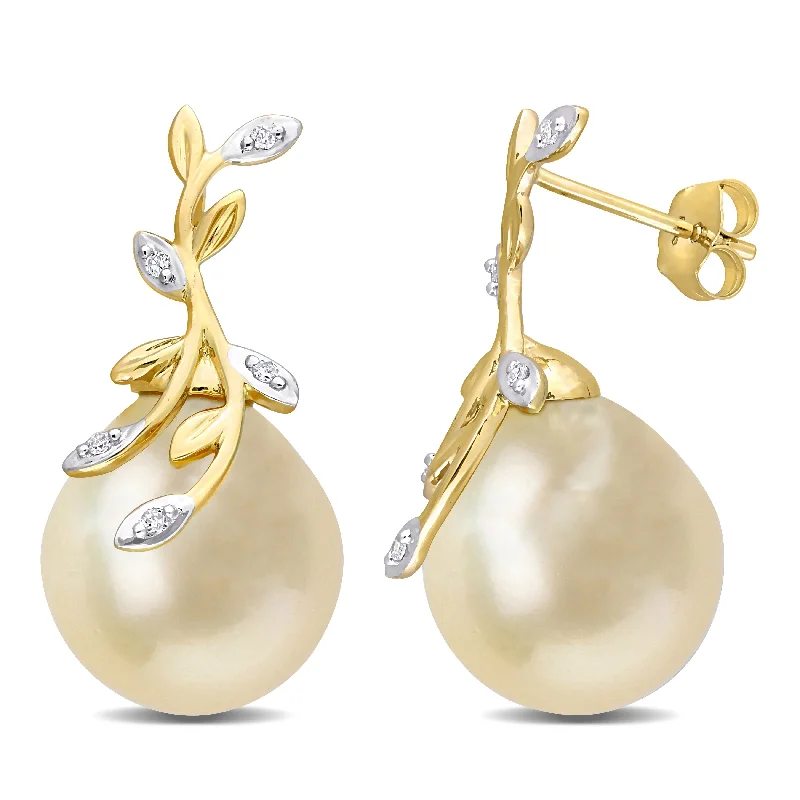 Miadora Golden South Sea Cultured Pearl and Diamond Accent Leaf Stud Earrings in 14k Yellow Gold