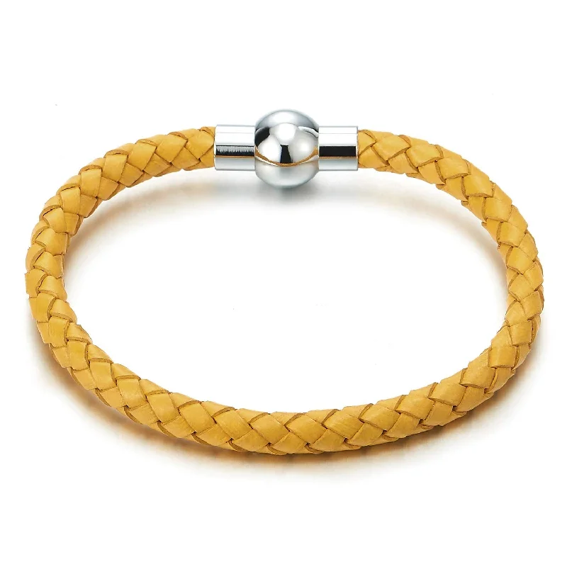 Mens Women Yellow Braided Leather Bracelet Genuine Leather Bangle Wristband with Magnetic Clasp Thin