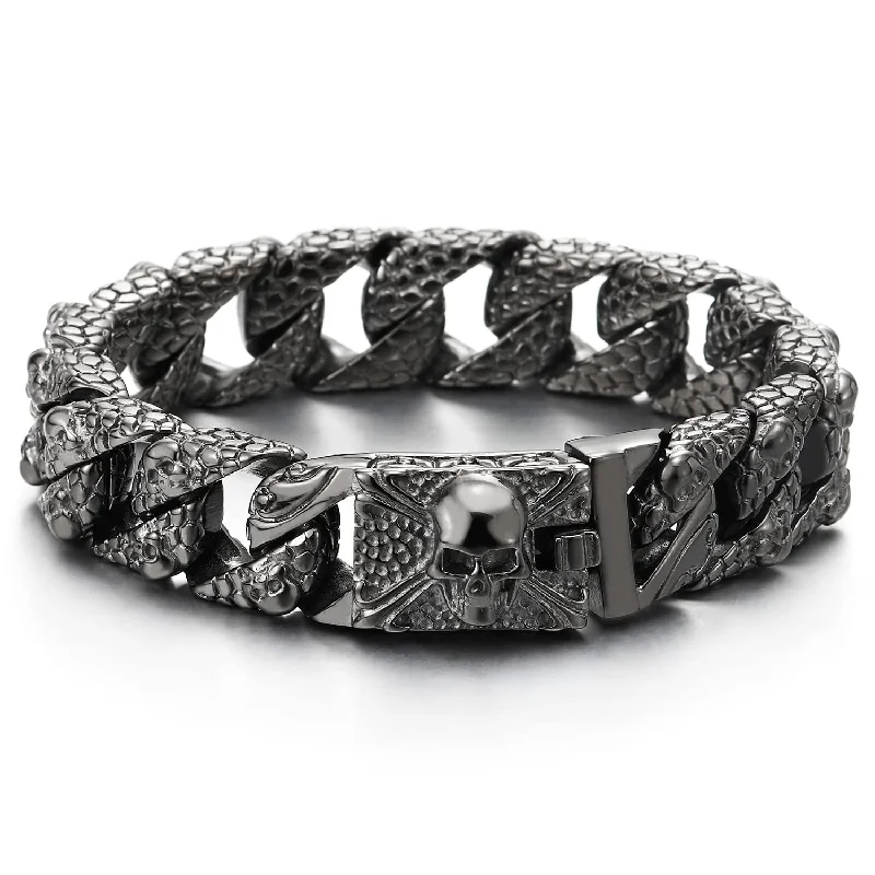 Shinny Grey Black Skull Charm Snake Skin Pattern Curb Chain Large Steel Bracelet Pirate Skulls Clasp