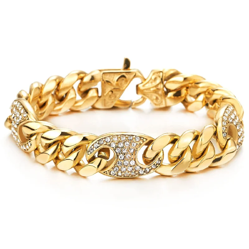 Men Women Stainless Steel Marine Anchor Curb Chain Bracelet Gold Color Polished with Cubic Zirconia