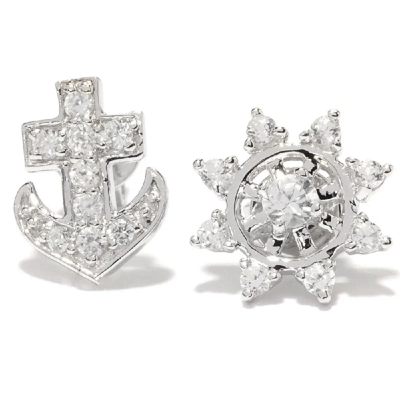 Platinum Over Silver White Zircon Anchor and Nautical Wheel Stud Earrings