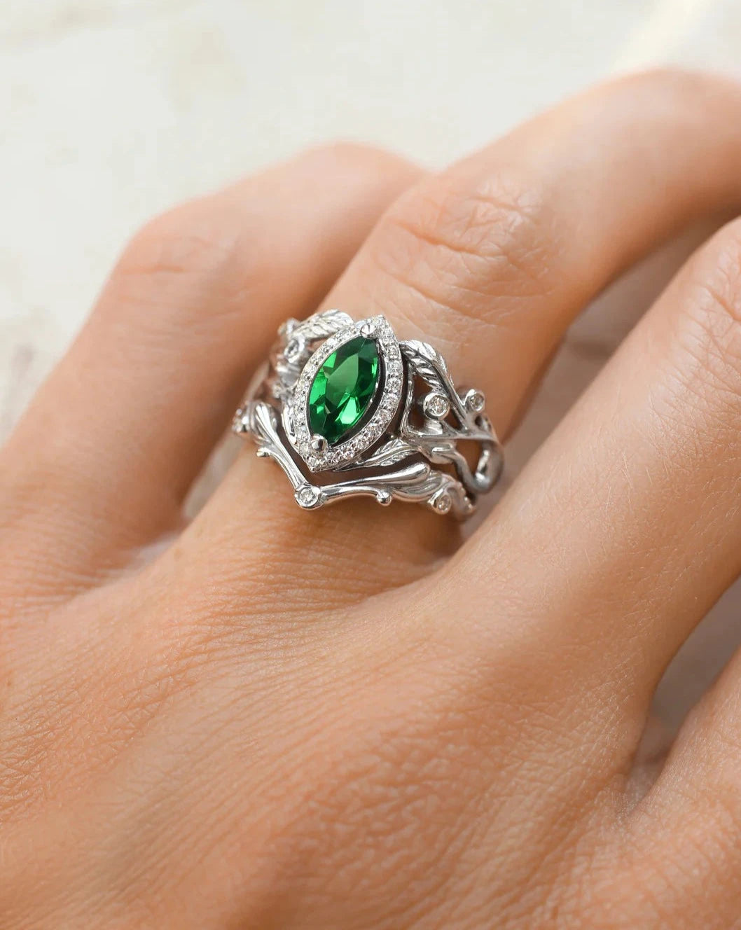 Halo Unique Emerald 2 Set Silver Ring